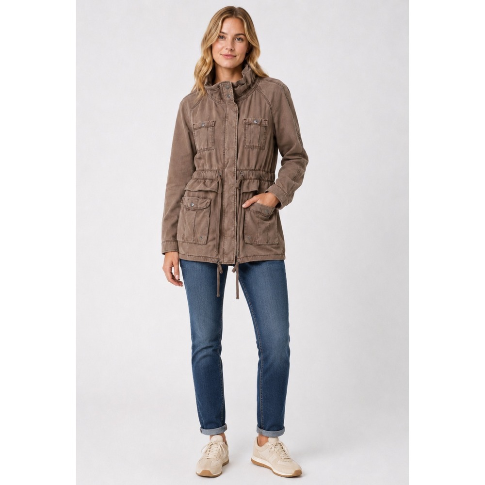 Ann Taylor Loft Utility Jacket Womens Small Brown 100% Cotton Pockets Drawstring